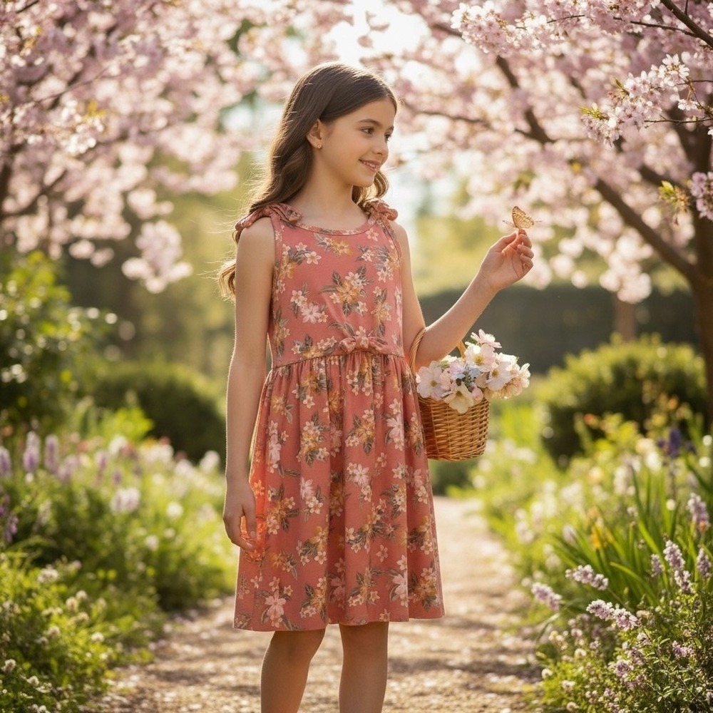 Girls Floral Tie Shoulder Sleeveless Jersey Knit Dress Pink Orange Flower Print